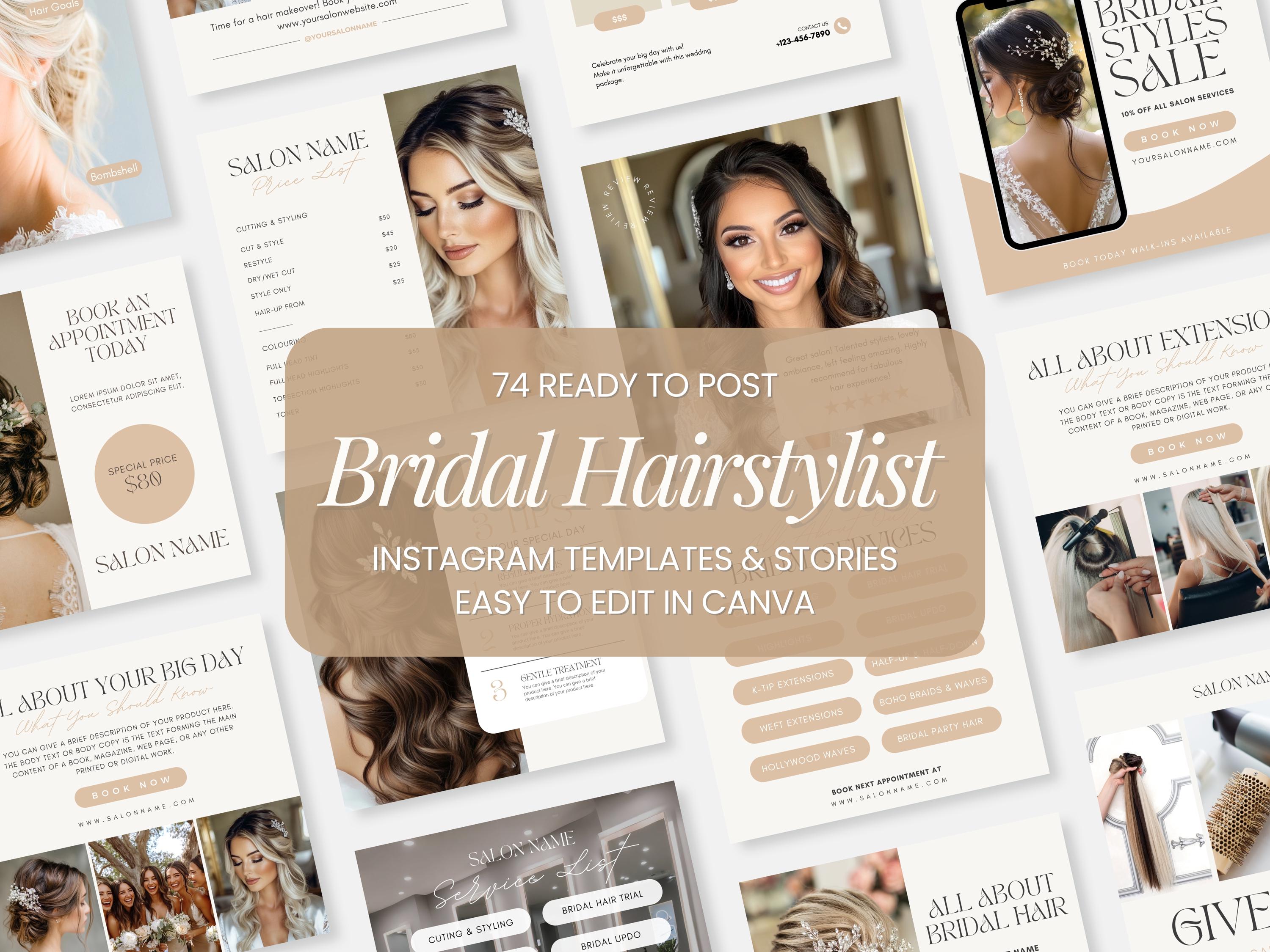 Bridal Social Media Templates, Bridal Hairstylist Instagram Story Templates, Hair Salon Instagram Story Canva Templates, Bridal Price List