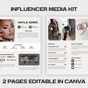 May include: An influencer media kit with a light background. The kit includes information about Kayla Jones, key stats, brand partnerships, services, and contact information. The text "2 PAGES EDITABLE IN CANVA" is at the bottom.