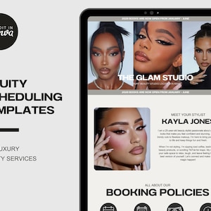 Op de afbeelding: Digitale advertentie voor schoonheidsdiensten, met de tekst "ACUITY SCHEDULING TEMPLATES" en "FOR LUXURY BEAUTY SERVICES". De advertentie toont afbeeldingen van vrouwen met professionele make-up, die "THE GLAM STUDIO" en styliste Kayla Jones promoten.
