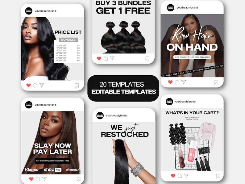 20 Hair Vendor Canva Marketing Templates, Bundle Wig Instagram Posts ...