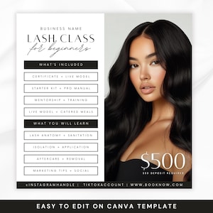 May include: A promotional graphic for a lash class for beginners. The image features a woman with long, dark hair and the text "LASH CLASS for beginners." The graphic includes a list of what's included and what will be learned, along with the price of £500.