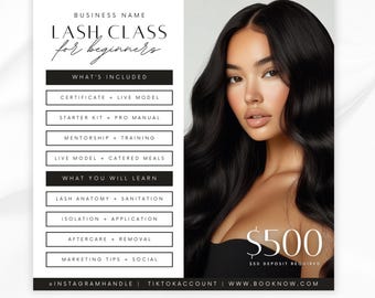 May include: A promotional graphic for a lash class for beginners. The image features a woman with long, dark hair and the text "LASH CLASS for beginners." The graphic includes a list of what's included and what will be learned, along with the price of $500.