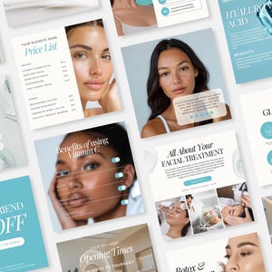 May include: A collection of social media graphics for a spa or beauty salon. The graphics feature images of women, text about facial treatments, and tips for glowing skin. The graphics are in a light blue and white color scheme.