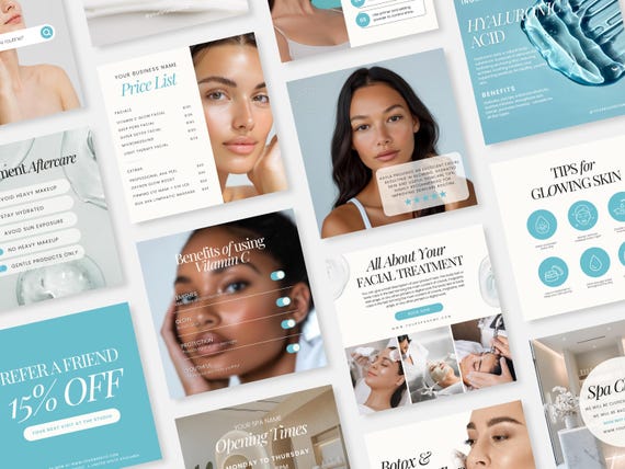 35 Esthetician Instagram Post Templates, Skincare Quotes, Skincare Posts, Esthetician Branding, Medspa Marketing, Canva Templates