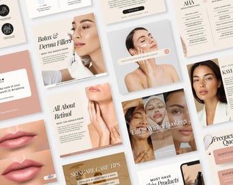 Plantillas para redes sociales de esteticistas, frases sobre cuidado de la piel, publicaciones sobre cuidado de la piel, branding de esteticistas, marketing de spas médicos, plantillas beige de Canva