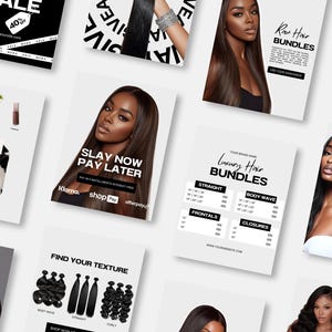 May include: A selection of promotional flyers for hair bundles and extensions. The flyers display images of women with long hair, product descriptions, and text including "Slay Now Pay Later" and "Find Your Texture."