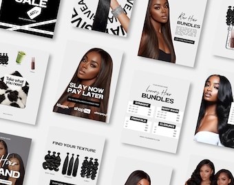 20 Hair Vendor Canva Marketing Templates, Bundle Wig Instagram Posts, Hairstylist, Hair Business Salon Social Media