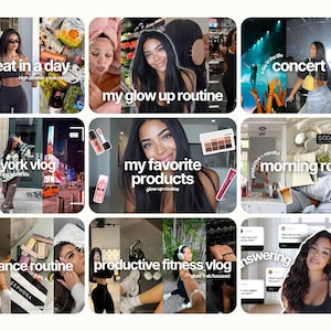Puede incluir: Un collage de nueve imágenes con contenido de estilo de vida. Los temas incluyen hábitos alimenticios diarios, rutinas de belleza, viajes y fitness. Las superposiciones de texto incluyen "what I eat in a day", "my glow up routine" y "concert vlog".