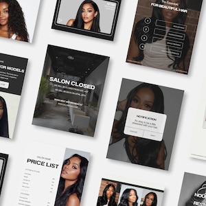 May include: A selection of promotional materials for a hair salon, including images of models, price lists, and informational graphics. The materials are primarily black and white with some colour images.