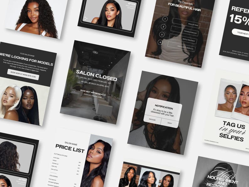 May include: A selection of promotional materials for a hair salon, including images of models, price lists, and informational graphics. The materials are primarily black and white with some colour images.