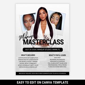 May include: A promotional poster for a makeup masterclass. The poster features a woman in a white blazer holding makeup brushes, with two smaller headshot images. Text includes "Makeup MASTERCLASS" and details about the class.