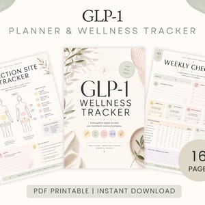 Puede incluir: Un planificador y rastreador de bienestar GLP-1 de 16 páginas, que incluye un rastreador de sitios de inyección, hojas de control semanal y una portada. El diseño utiliza colores pastel suaves, ilustraciones botánicas y encabezados de texto claros.