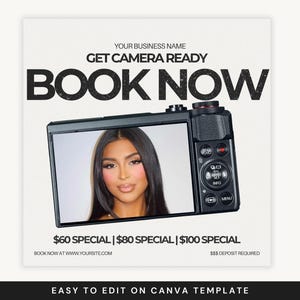 Op de afbeelding: Een promotionele afbeelding met de tekst "GET CAMERA READY BOOK NOW" en een foto van een vrouw op een camerascherm. De afbeelding bevat ook de tekst "$60 SPECIAL | $80 SPECIAL | $100 SPECIAL". De achtergrond is lichtbeige.