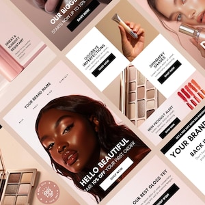 May include: A collection of beauty product advertisements featuring various makeup items, including lipstick, eyeshadow palettes, foundation, and gloss. The ads feature the text "Our Biggest Sale Starts Now Up To 50%", "Goodbye Imperfections", "Hello Beautiful", "Our Best Gloss Yet", "New Product Alert", and "Your Brand Name Back In Stock".