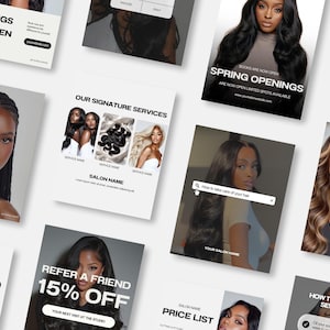 Puede incluir: Una colección de folletos promocionales para una peluquería, con imágenes de mujeres con varios peinados. Los folletos anuncian servicios, ofertas especiales e información de reservas. La combinación de colores es principalmente negro, blanco y beige.