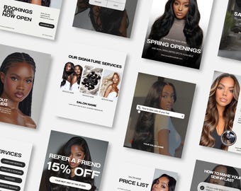 May include: A collection of promotional flyers for a hair salon, featuring images of women with various hairstyles. The flyers advertise services, special offers, and booking information. The color scheme is primarily black, white, and beige.