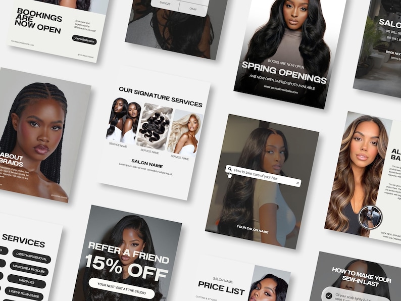 May include: A series of promotional flyers for a hair salon, showcasing images of women with different hairstyles. The flyers promote services, special offers, and booking details. The colour scheme is mainly black, white, and beige.