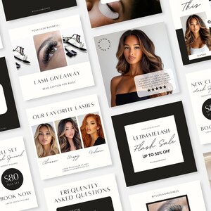 Könnte beinhalten: Eine Sammlung von Social-Media-Grafiken für ein Wimpernstudio. Die Grafiken zeichnen sich durch Schwarz-Weiß-Farbschemata mit Text aus, der "Lash Giveaway", "Our Favorite Lashes", "Ultimate Lash Flash Sale", "New Client Lash Special", "Frequently Asked Questions" und "Notification" umfasst.