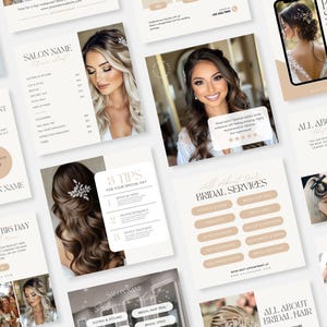 May include: A collection of social media graphics for a hair salon specializing in bridal hair. The graphics feature images of brides with different hairstyles, text about bridal hair services, and a price list for hair services.