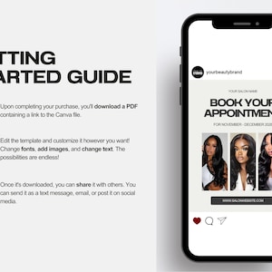 May include: A mobile phone screen shows a social media post advertising a hair salon's booking service. The post includes images of hairstyles and text saying "BOOK YOUR APPOINTMENT." The left side has a "Getting Started Guide" with instructions.