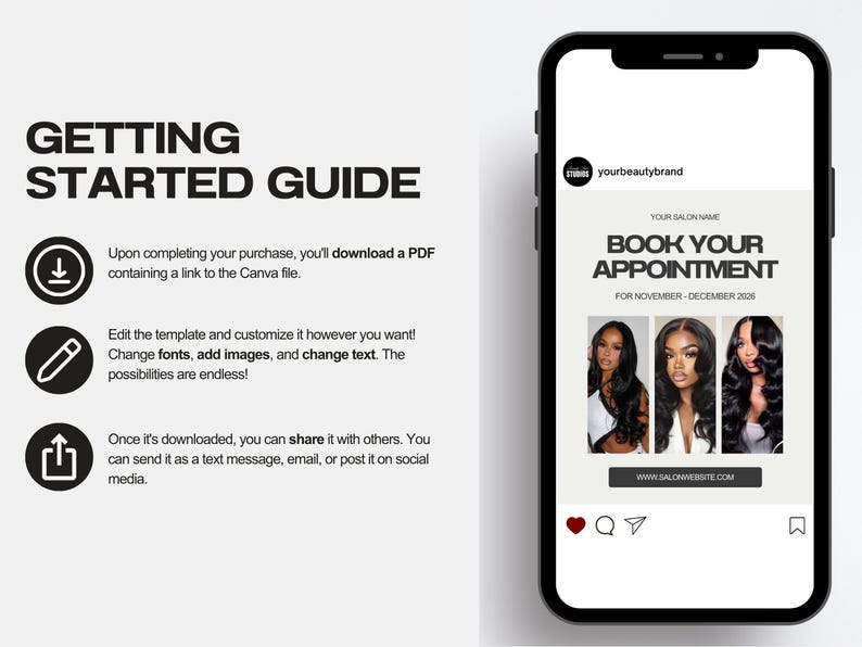 May include: A mobile phone screen shows a social media post advertising a hair salon's booking service. The post includes images of hairstyles and text saying "BOOK YOUR APPOINTMENT." The left side has a "Getting Started Guide" with instructions.