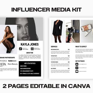 Puede incluir: Plantilla de kit de medios de influencers de dos páginas en blanco y negro. La primera página presenta una foto de una mujer y estadísticas clave. La segunda página enumera los servicios y la información de contacto. Texto: "INFLUENCER MEDIA KIT" y "2 PAGES EDITABLE IN CANVA."