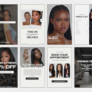 May include: A series of promotional graphics for a hair salon, featuring images of hairstyles, price lists, and special offers. Text includes "Refer a Friend 15% Off", "Tag us in your selfies", and "All About the Braids".