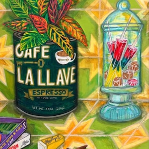 May include: A painting featuring a green Cafe La Llave espresso can with a plant, a glass apothecary jar filled with red and yellow popsicles and candies, and a collection of keys, a domino, and books on a green and yellow tiled surface.