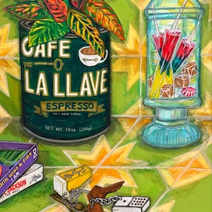 May include: A painting featuring a green Cafe La Llave espresso can with a plant, a glass jar filled with red and yellow popsicles, a small yellow box, a set of keys, and two stacked books titled I Am and Jackson The Wall.