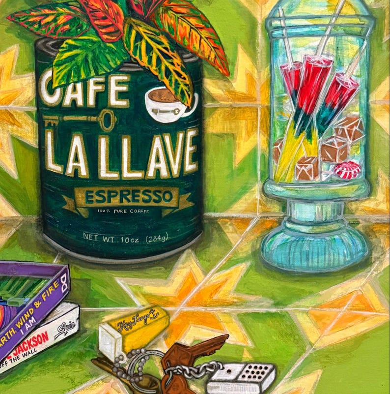May include: A painting featuring a green Cafe La Llave espresso can with a plant, a glass jar filled with red and yellow popsicles, a small yellow box, a set of keys, and two stacked books titled I Am and Jackson The Wall.