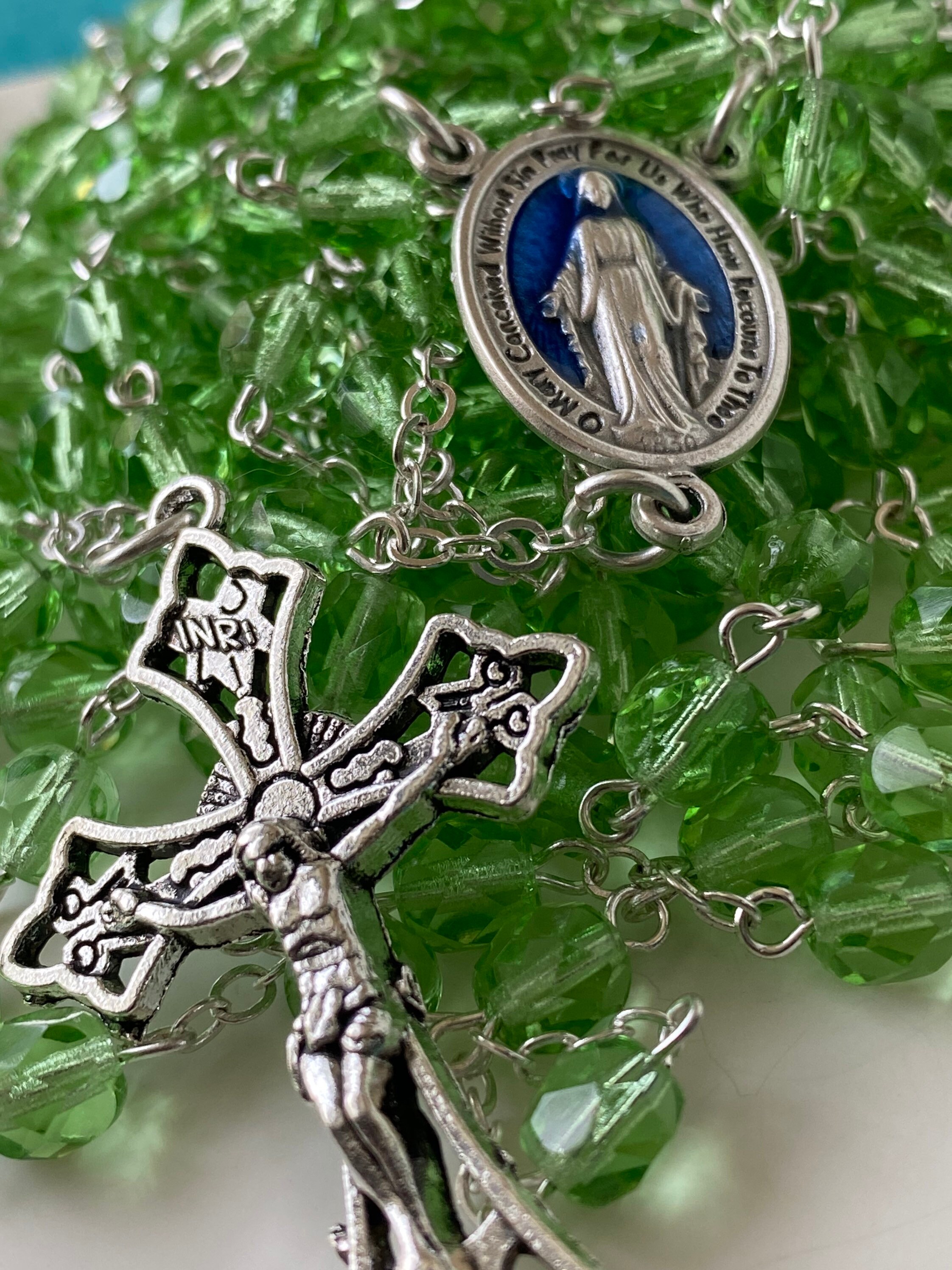 Twenty 20 decade rosary with faceted green Czech crystal Etsy