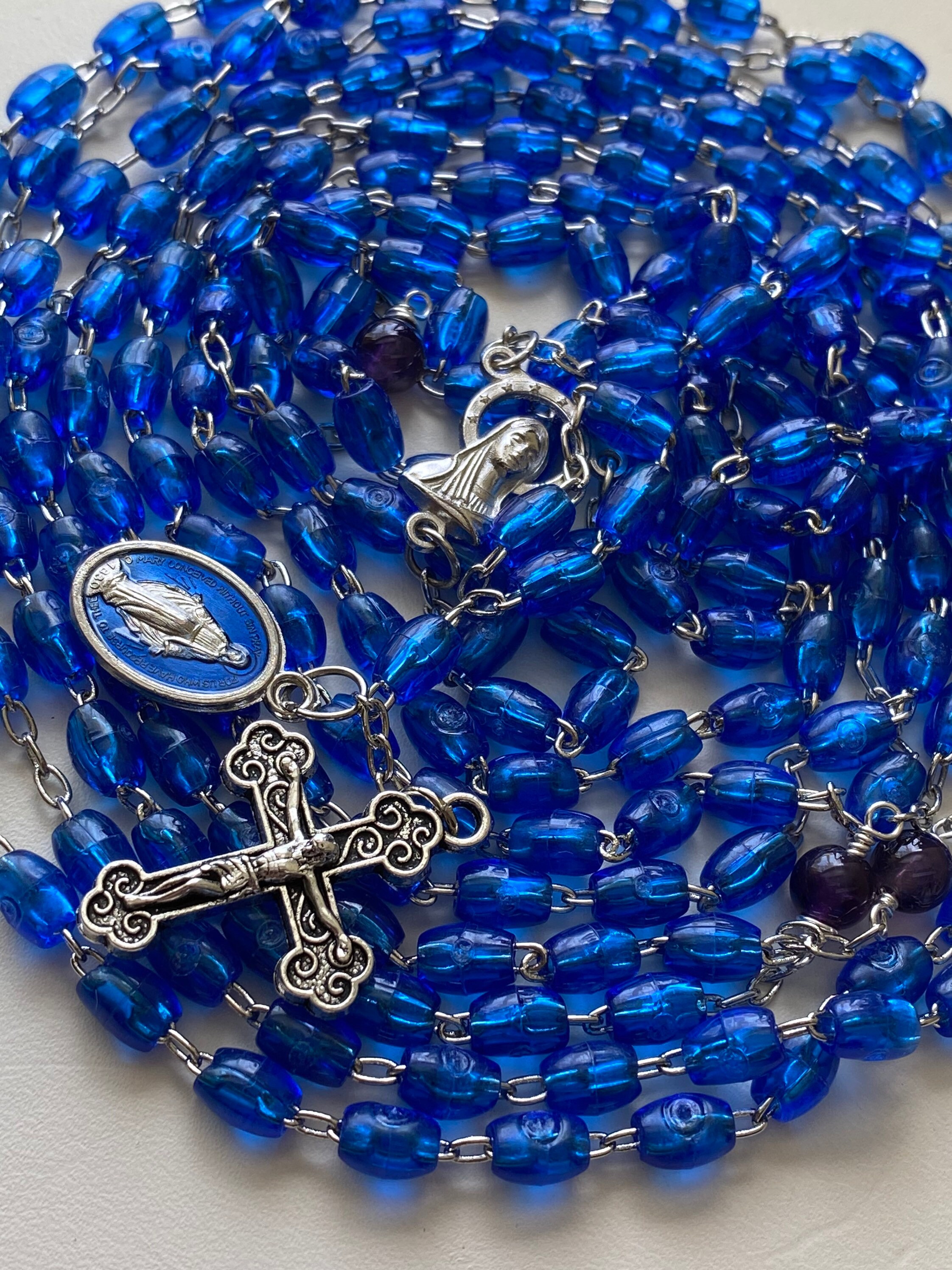 Twenty 20 decade rosary with oval blue beads and choice of Etsy