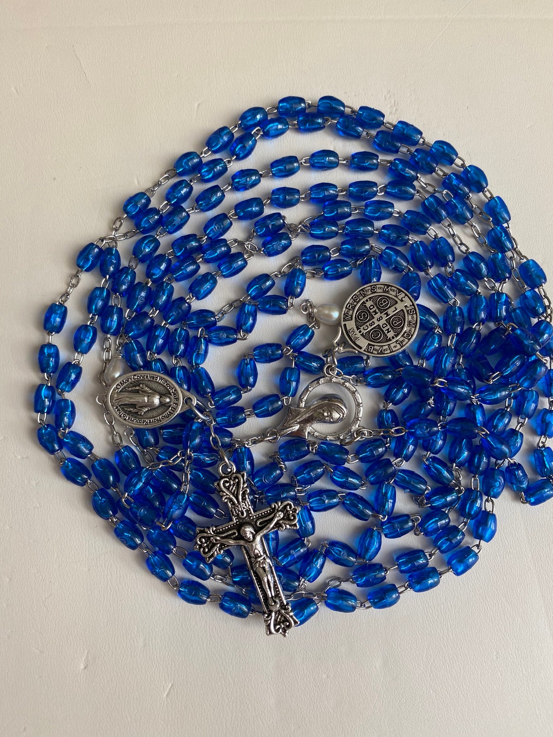 Twenty 20 decade rosary with oval blue beads and choice of Etsy