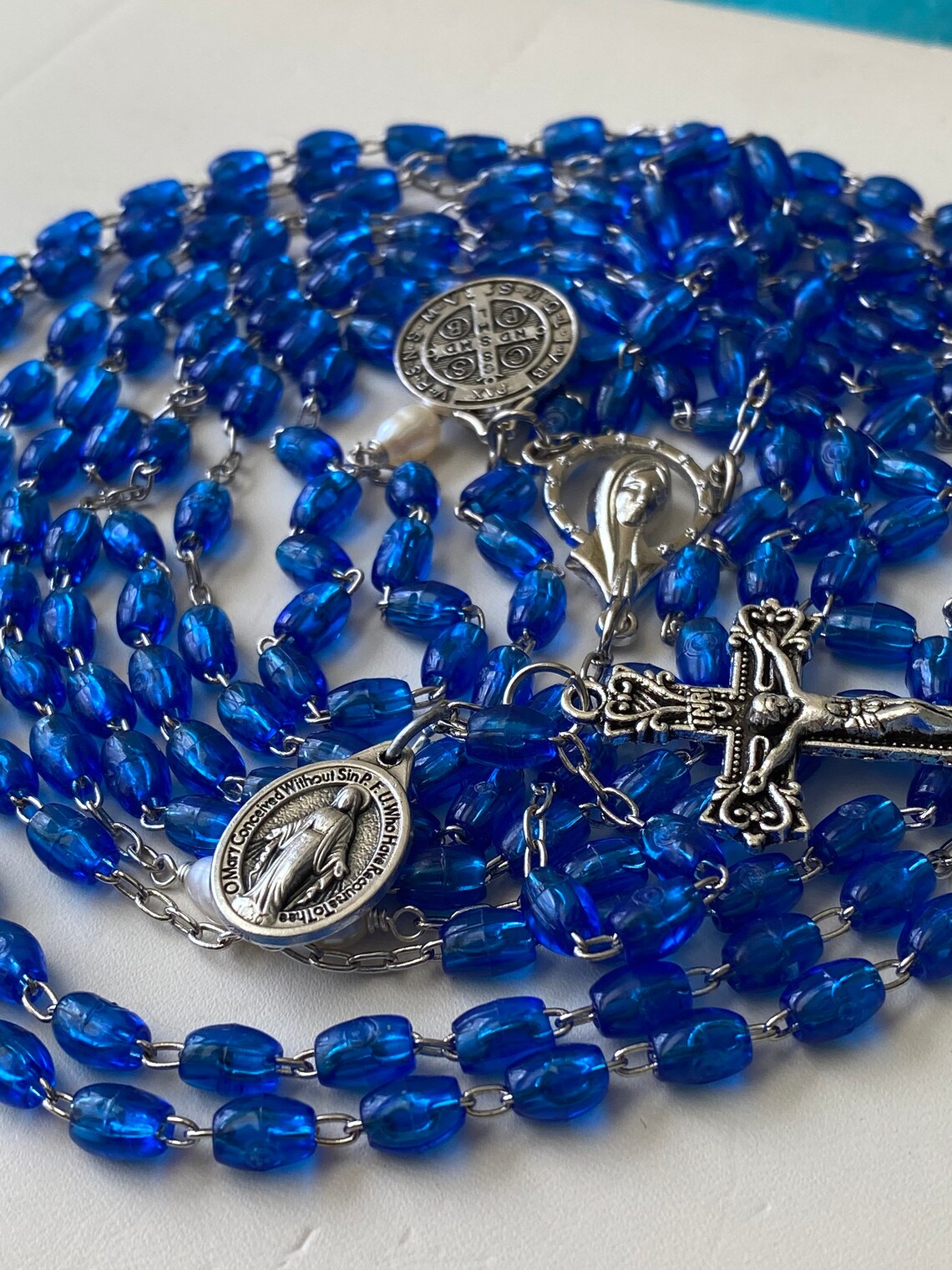 Twenty 20 decade rosary with oval blue beads and choice of Etsy