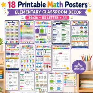 May include: A set of 18 printable math posters for elementary classroom decor, featuring educational charts on numbers 1-100, multiplication, place value, addition, subtraction, fact families, division, geometry, fractions, decimals, time, and money.