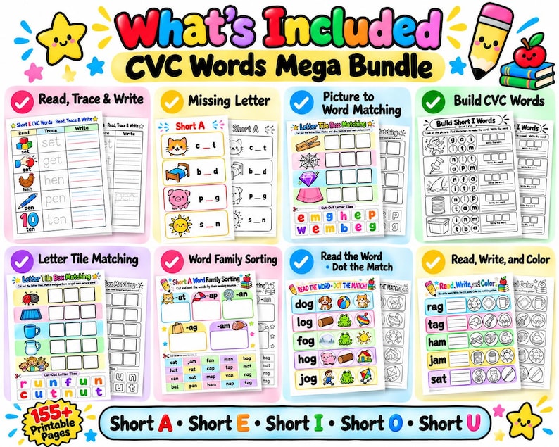 CVC Words Worksheets Mega Bundle | Short Vowel A E I O U Phonics ...