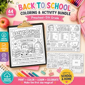Könnte beinhalten: Ein Back-to-School-Mal- und Aktivitätsset für die Vorschule bis zur 5. Klasse mit 44 Seiten an druckbaren Arbeitsblättern, Malvorlagen und Lesezeichen. Das Set enthält ein Klemmbrett, Buntstifte und verschiedene Aktivitätsblätter.