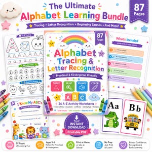 Puede incluir: El Ultimate Alphabet Learning Bundle es un paquete imprimible en PDF de 87 páginas para preescolar y jardín de infantes. Incluye hojas de trabajo de caligrafía, reconocimiento de letras, sonidos iniciales, páginas para colorear, tarjetas y certificados.