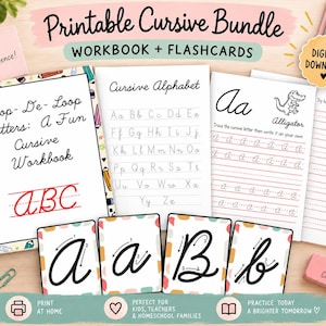 May include: A printable cursive bundle featuring a workbook titled Loop-De-Loop Letters: A Fun Cursive Workbook, a cursive alphabet sheet, and practice pages with the letter A and an alligator illustration, plus four flashcards showing letters a and b.