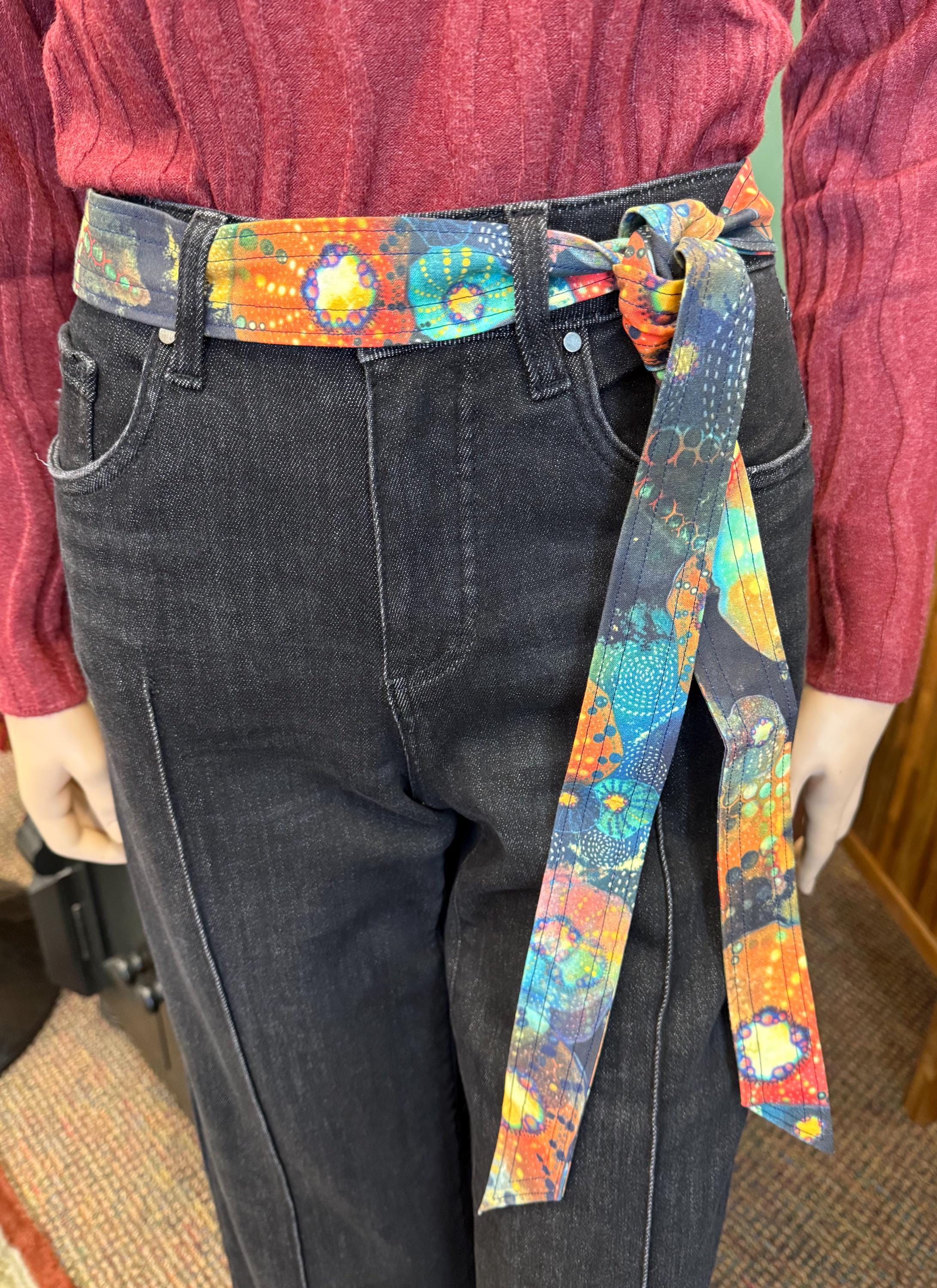 Handmade denim pocket Belt with Floral Embellishments 48 inches Upcycled jeans purse with plaid flannel details and pockets main image 3