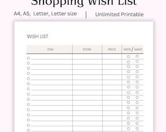 Simple Wishlist Page Printable & Fillable, Holiday Wishlist Template, Birthday Wishlist, Shopping Wish List, Gifts for Me, A4/A5