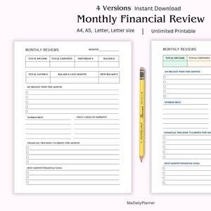 May include: Printable monthly financial review worksheet with sections for total income, total expenses, difference, balance, savings, balance last month, new balance, biggest wins this month, worked best, what I need to improve, financial tracking I learned this month, and next month's financial goal.
