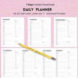 Daily Planner, Hourly Planner, Printable Daily Planner Fillable, Daily To Do List, Hourly Daily Planner Printable, A5/Half Size/A4/Letter