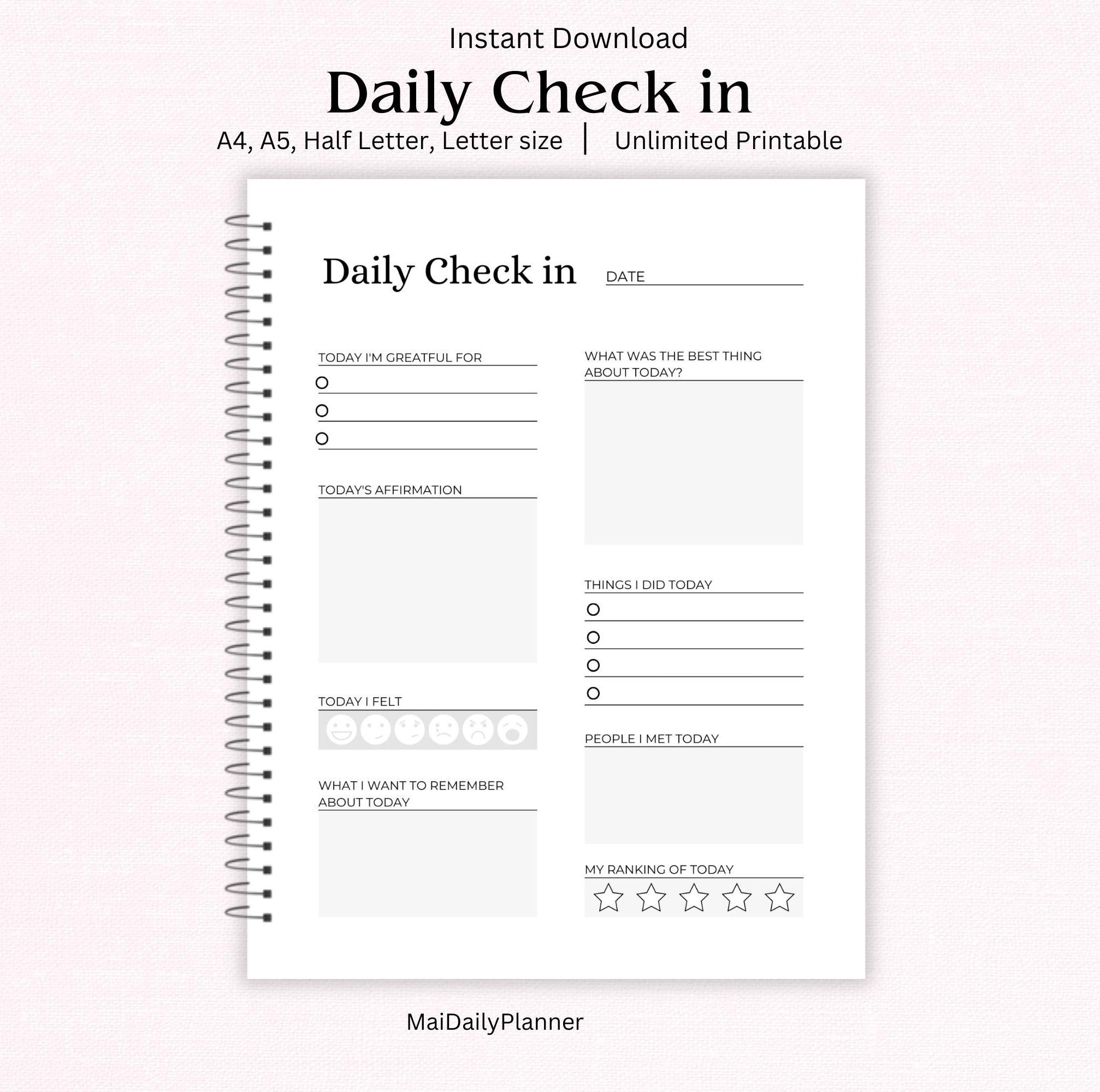 Daily Motivation, Daily Check In, A5 Daily Planner Inserts, A4, Letter ...
