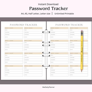 Digital Instant Downloan PDF  PrintablePassword Tracker, Password Tracker Log, Password Keeper, Password Organizer, Password Journal Sheet,