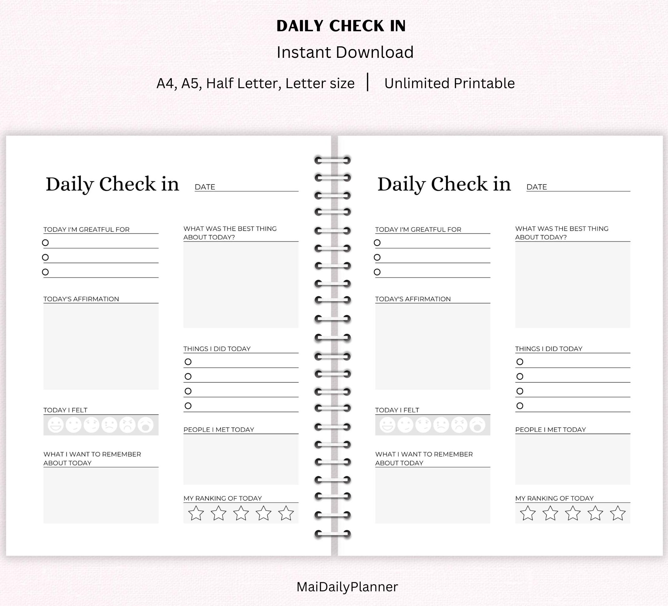 Daily Motivation, Daily Check In, A5 Daily Planner Inserts, A4, Letter ...