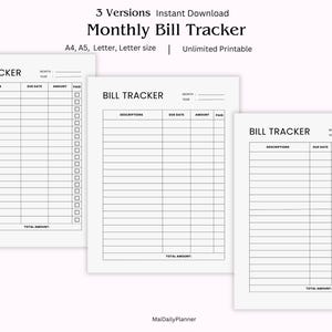 Monthly Bill Tracker Printable, Bill Payment Checklist, Bill Organizer, Finance Planner A4/A5/Letter, Instant Download PDF