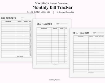 Monthly Bill Tracker Printable, Bill Payment Checklist, Bill Organizer, Finance Planner A4/A5/Letter, Instant Download PDF