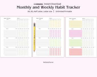 May include: Three printable habit tracker pages with different designs. The first page has a blank grid for daily tracking. The second page has a grid with colored dots for weekly tracking. The third page has a grid with colored lines for weekly tracking.