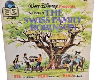 2 Disney 45 vinylverhalenboek en platen.  ABC en de Zwitserse familie Robinson uit de jaren 70